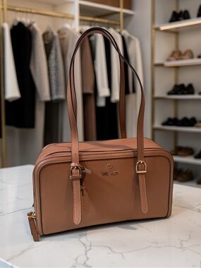 Nine West Cognac Tan Structured Shoulder Bag with Gold Hardware